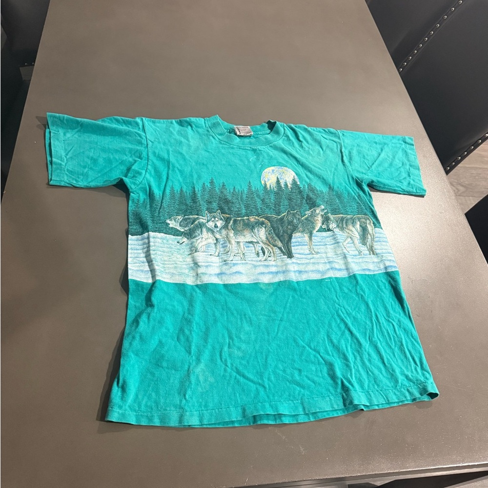 Teal Graphic Tee with Wolf Design